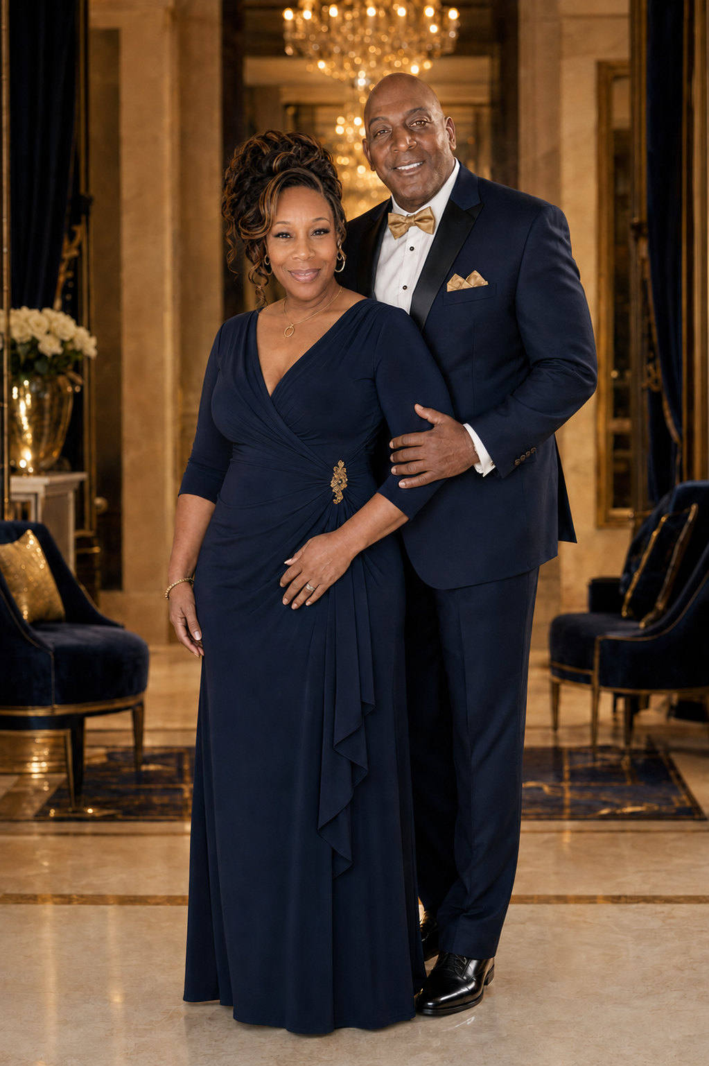 Angela and Adrian Booth in formal navy attire